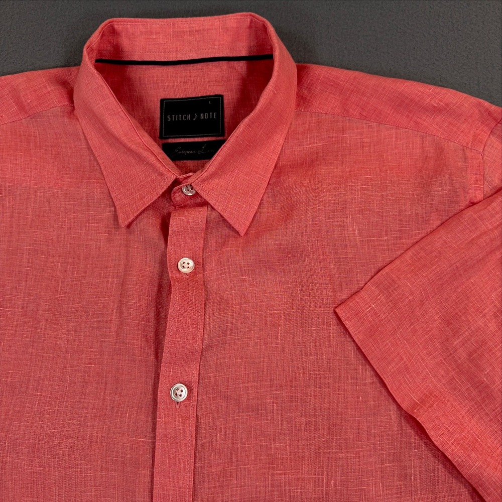 Stitch Note Mens Coral Pink 100% European Linen Short Sleeve Button Down Shirt L